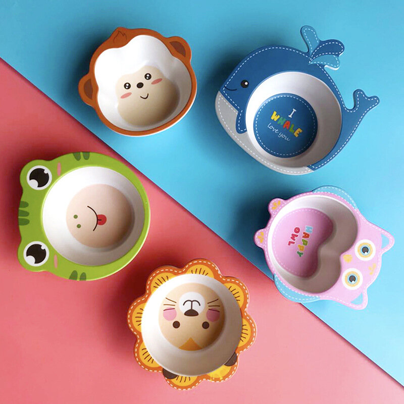 Bamboo fiber tableware cute cartoon bowls and spoons set home baby dinner bowl small children auxiliary food rice bowl soup bowl