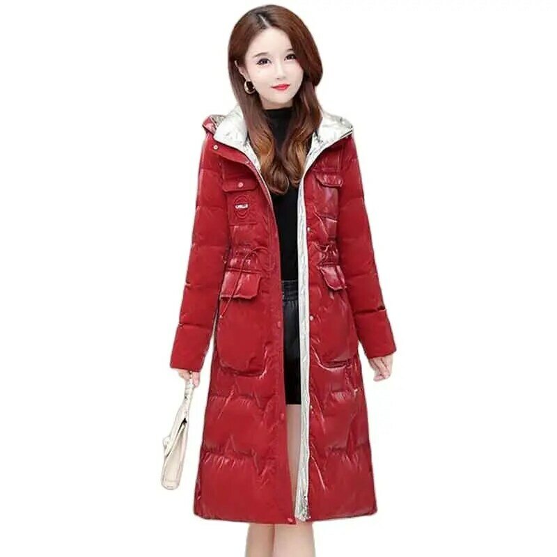 한국 버전 롱 다운 여성 2023, 세련된 샤이니 슬림 후드 포켓 레이디, 겨울 패션, 신상 인기