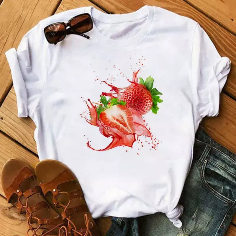 Camisetas femininas com estampa de morango Kawaii Fruits, tops casuais femininos, streetwear de manga curta, preto, gola redonda, camisetas grandes, novo