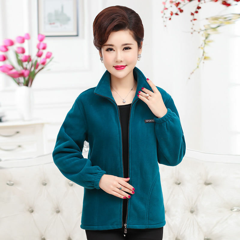 Plus Size Autumn Mid-aged Women Fleece Jackets 5XL Casual Stand Collar Warm Jacket Zipper Outerwear Mother Winter Coat