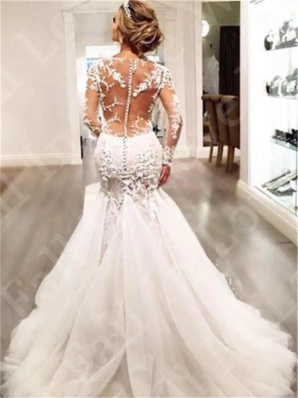 Sliming Mermaid Wedding Dress Illusion O-Neck Long Sleeves Lace Court Train Tulle Back Buttons Design 2024Bridal Dress Plus Size
