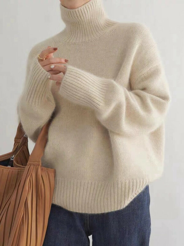 Kaszmirowy sweter z golfem kobiety 2023 jesień/zima nowy 100% czysty sweter z wełny damski dziergany luźny duży sweter damski