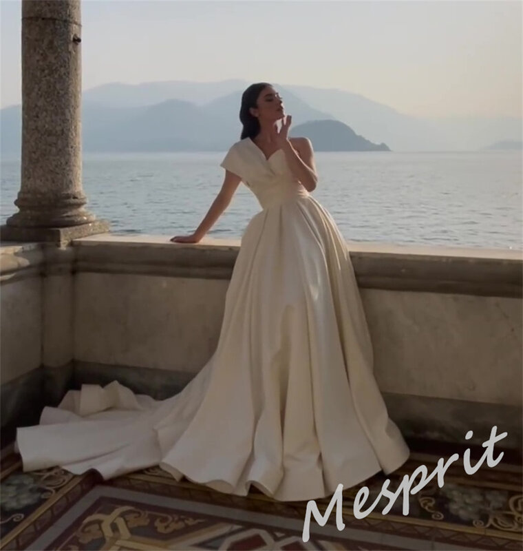 Prom Dress Saudi Arabia   Elegant One-shoulder Ball Gown Sweep Wedding Party Draped Open Back Satin Customized