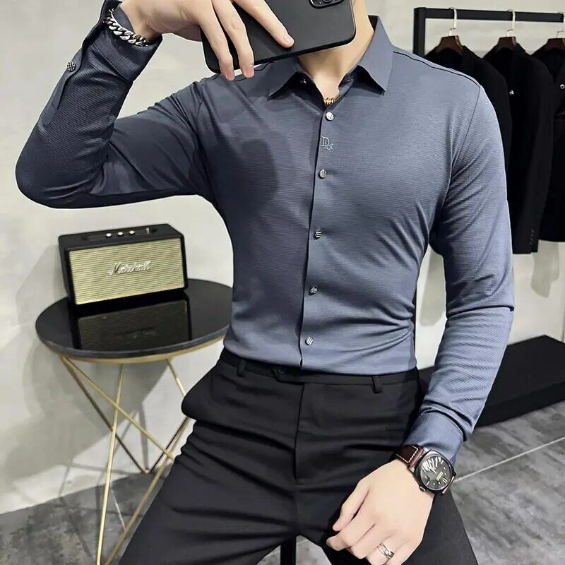 Camisas de manga larga sin huellas para hombre, camisa informal de lujo, ajustada, de alta elasticidad, talla grande 4XL-M, de alta calidad, vestido Formal Social