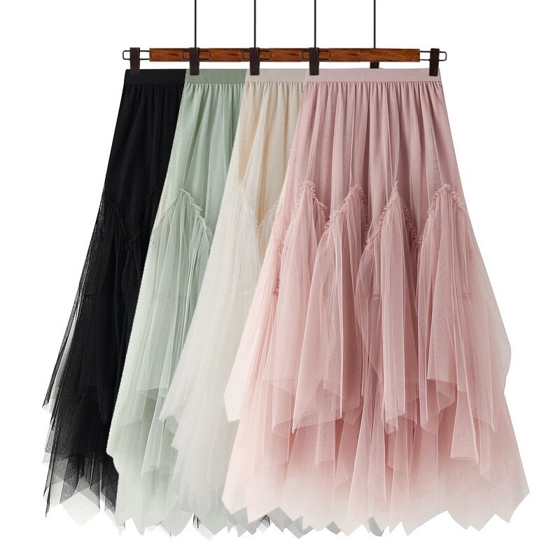 Женская Асимметричная длинная юбка из тюля, дамская юбка Макси до щиколотки с высокой талией, бежевые, зеленые женские юбки, Женская юбка Q921
