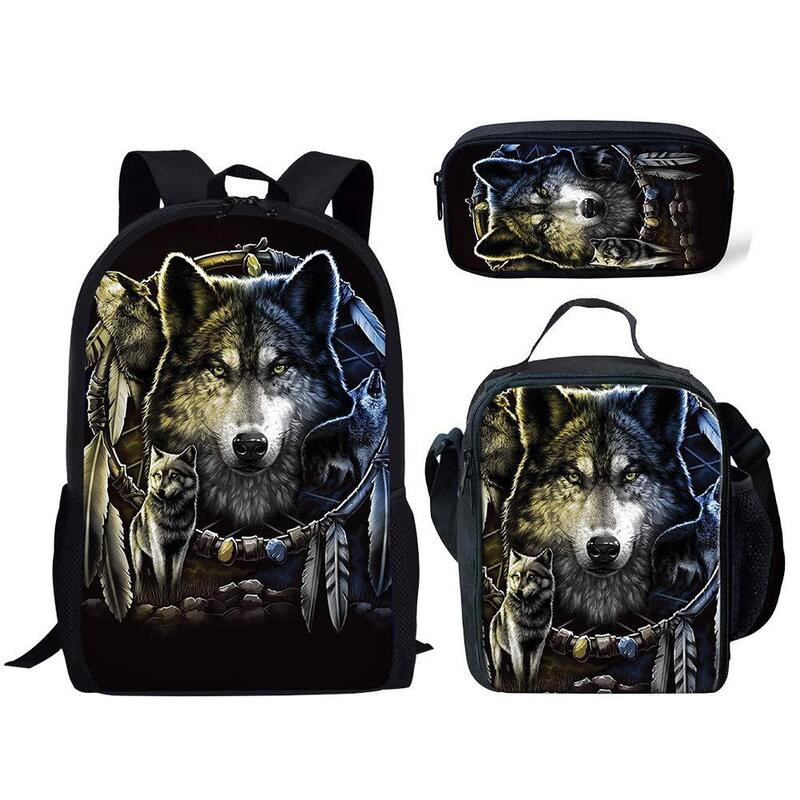 Cool Wolf Totem Wild Animals 3pcs/Set Backpack 3D Print School Student Bookbag Anime Laptop Daypack Lunch Bag Pencil Case