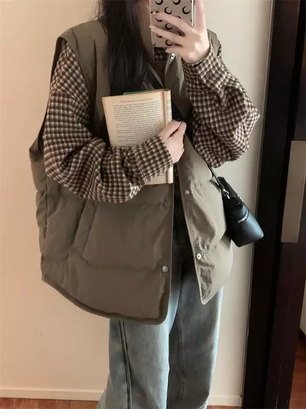 เสื้อกั๊กผู้หญิงผ้าฝ้าย MODE Korea ฤดูหนาว, เสื้อโค้ทเสื้อกล้ามไหล่ Kam เสื้อ KAOS kotak-kotak หลวมสบายๆ2023