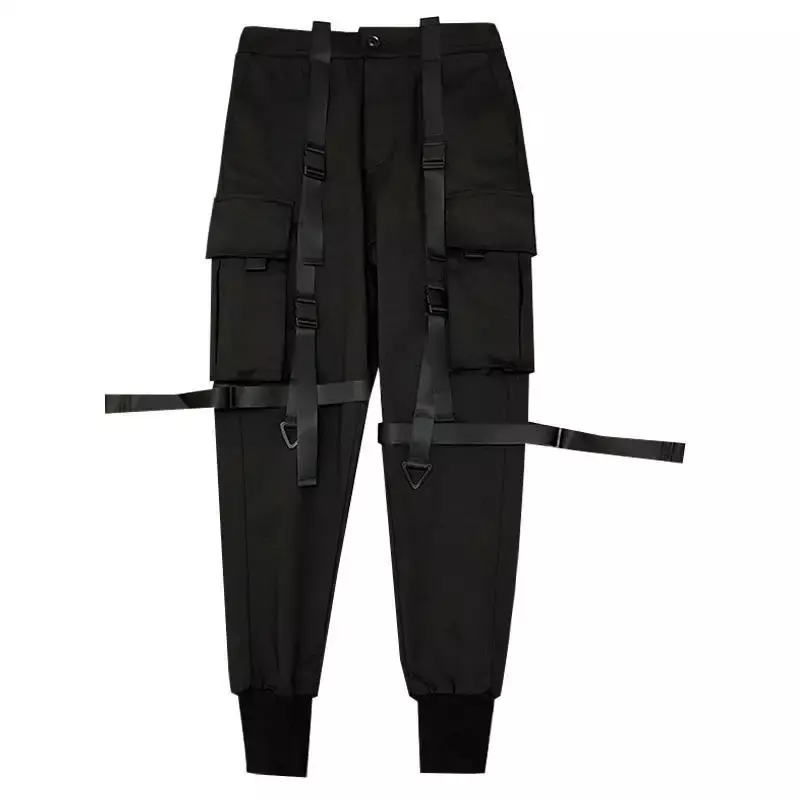 HOUZHOU-calça preta masculina, streetwear japonesa, calça masculina hip hop, bolso com fita primavera, moda harajuku, moda techwear