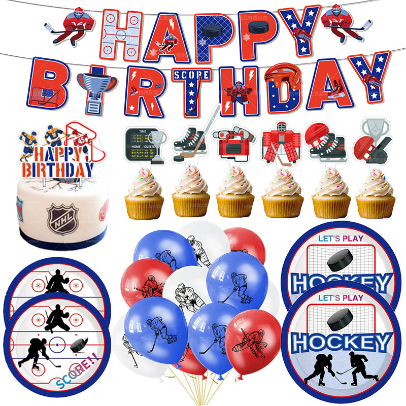 Hockey tema festa favore piatti di carta tazze Banner palloncino compleanno sport hockey balloonn Cake Topper forniture per feste decorazione