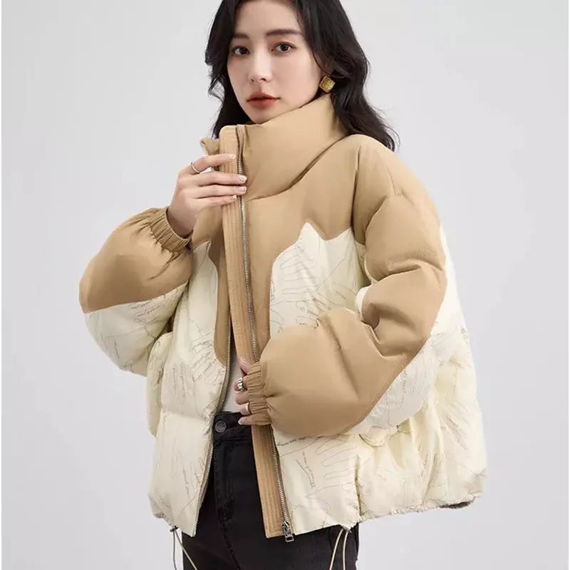 2024 Autumn Winter New Fashion Trend Spliced Down Coat Women's Short Loose Large Pocket White Duck Jacket for Women F195