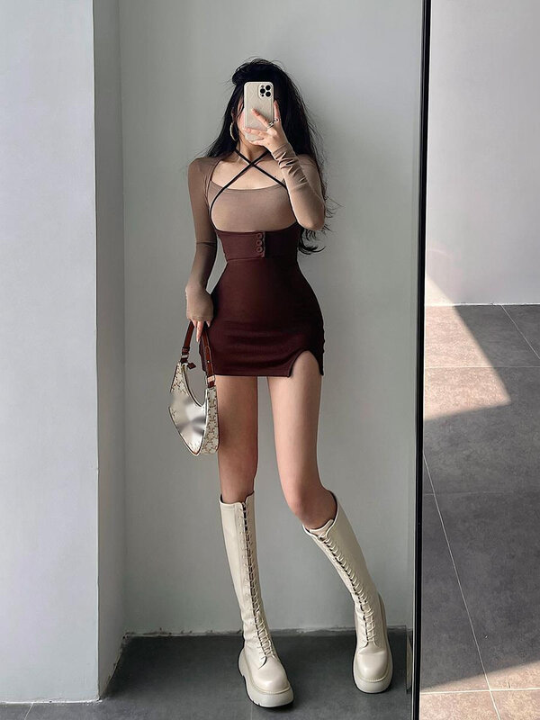 Trend nowy seksowny gorąca dziewczyna styl jednolity kolor talii Halter Mini spódnica szczupła rozcięcia po bokach odzież damska M441