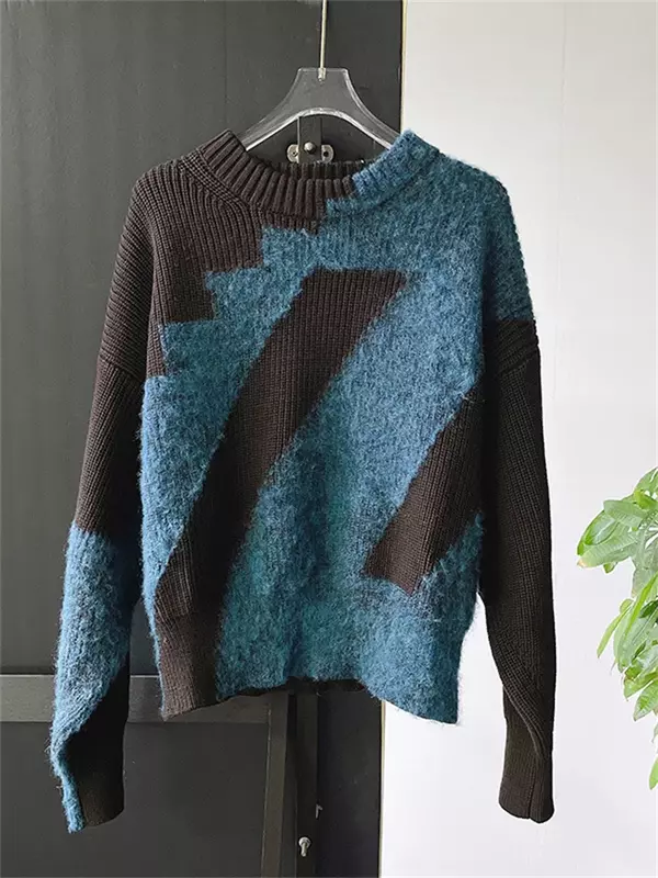 Damski sweter kontrastowy żakardowy 2024 nowy swobodny dzianinowy sweter z długim rękawem z okrągłym dekoltem