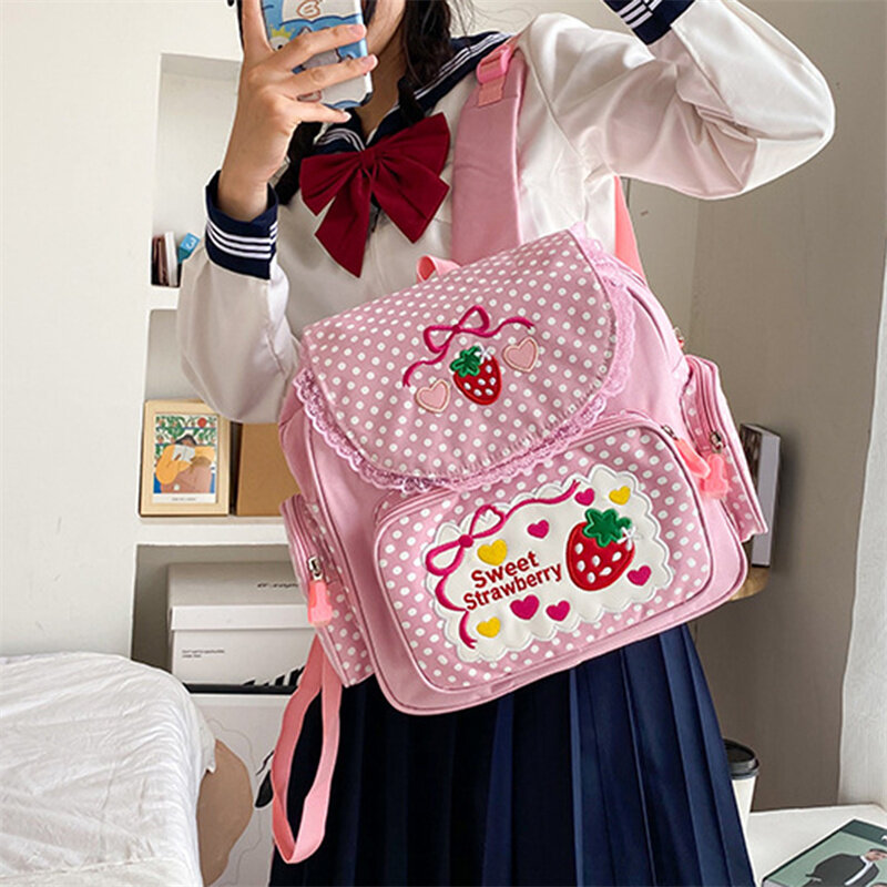Kawaii Kids School Bag Cute Strawberry Embroidery Student Mochila Dots Multi-Pocket Fashion College for Teenager Girl
