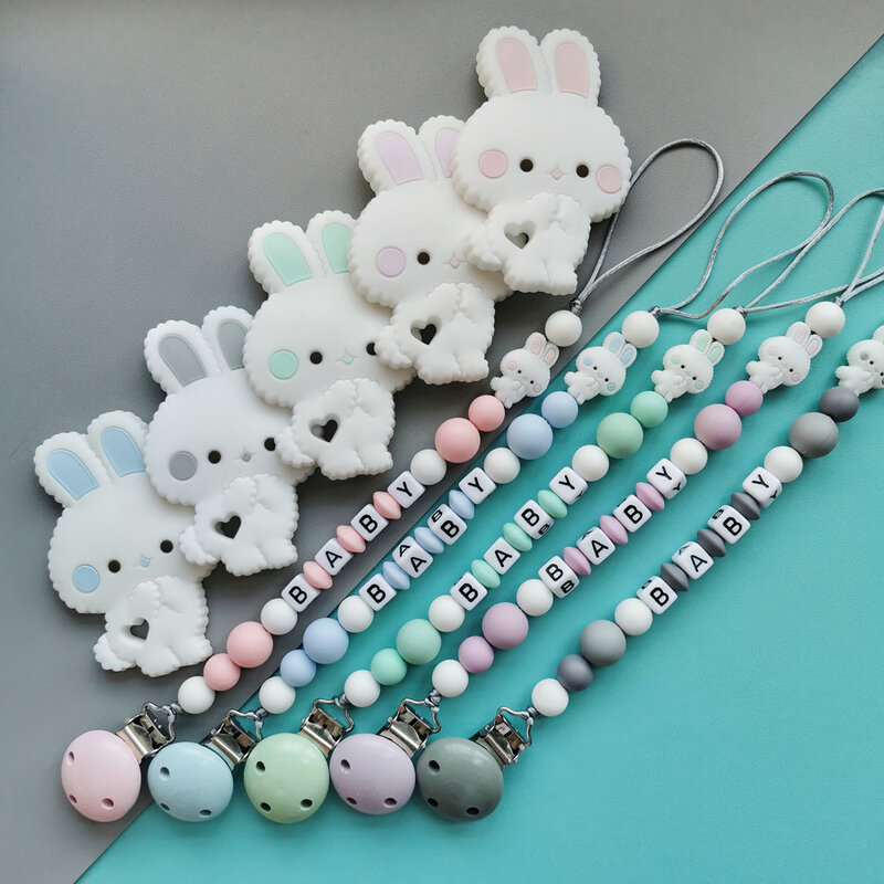 Cadenas de chupete de conejo de silicona para bebé, mordedor de juguete personalizado con nombres del alfabeto inglés y ruso, Clips colgantes de cuentas, regalos creativos Kawaii