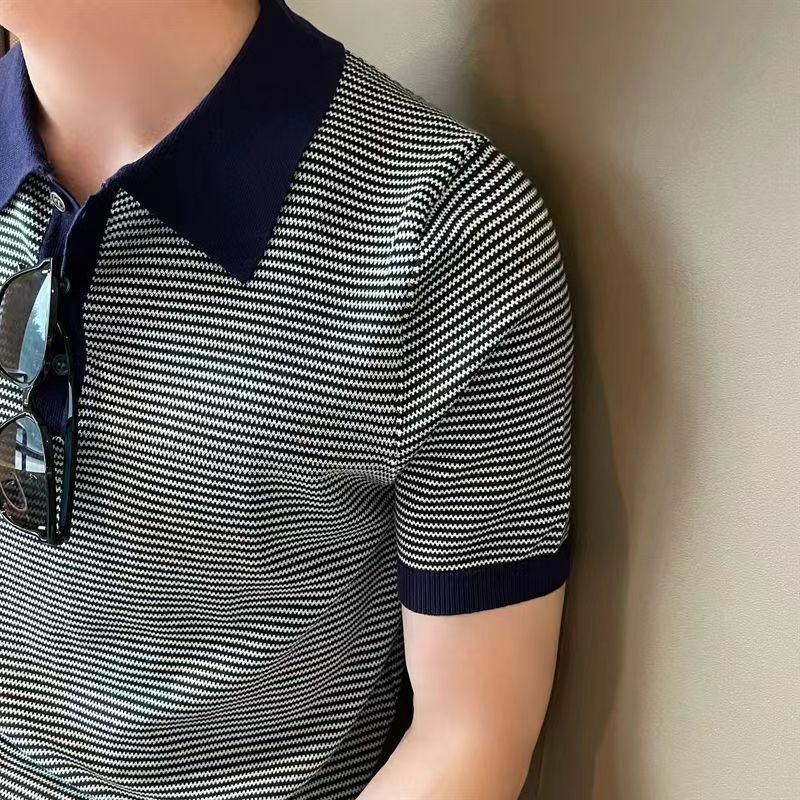 Summer Fashion Smart Casual Trendy New Ice Silk Knit Polo Shirt Men's Panelled Stripe Lapel Button Versatile Short Sleeved Top