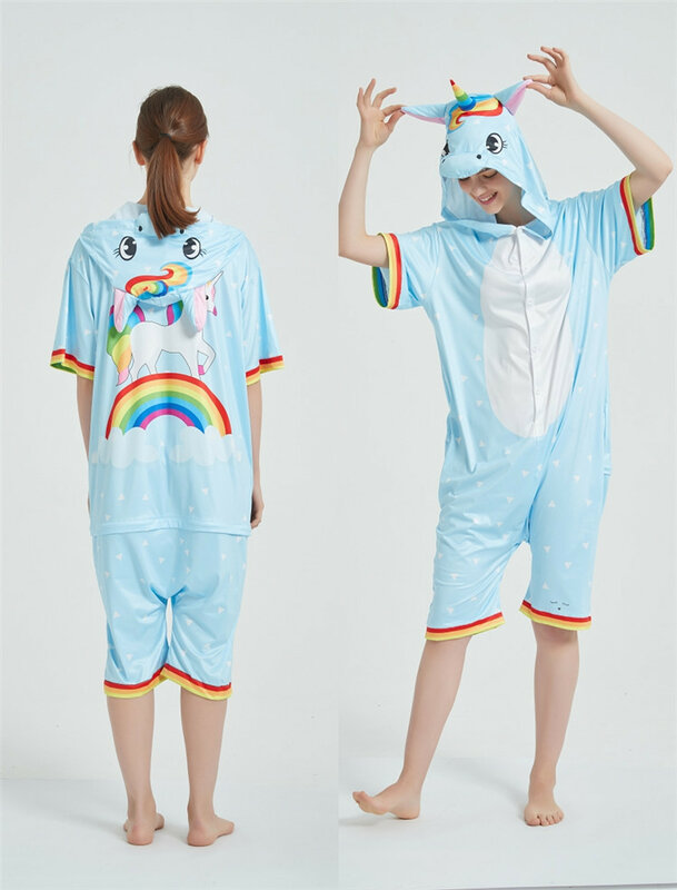 Piyama kigurumi Jumpsuit hewan kartun Unicorn, baju tidur lembut lucu untuk wanita anak perempuan dan Dewasa musim panas