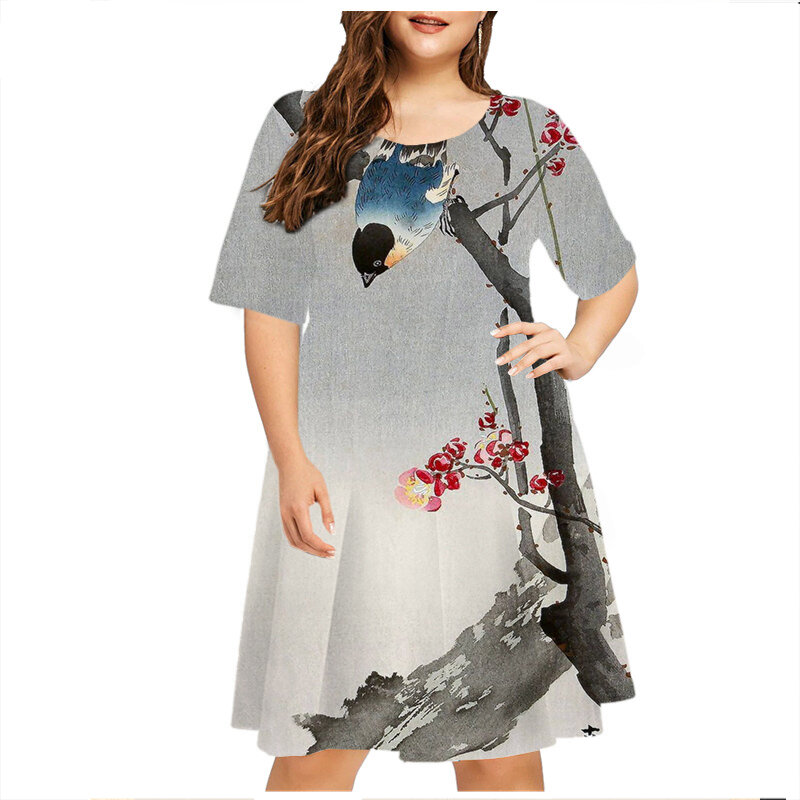 Vestido Retro de manga corta para mujer, ropa informal holgada de talla grande, estampado de pintura artística Vintage, Verano