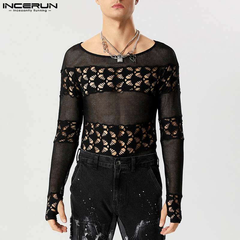 INCERUN 2024 Sexy Comfortable New Men Bodysuits See-through Hollow Mesh Design Jumpsuits Male Long Sleeve Triangle Rompers S-5XL