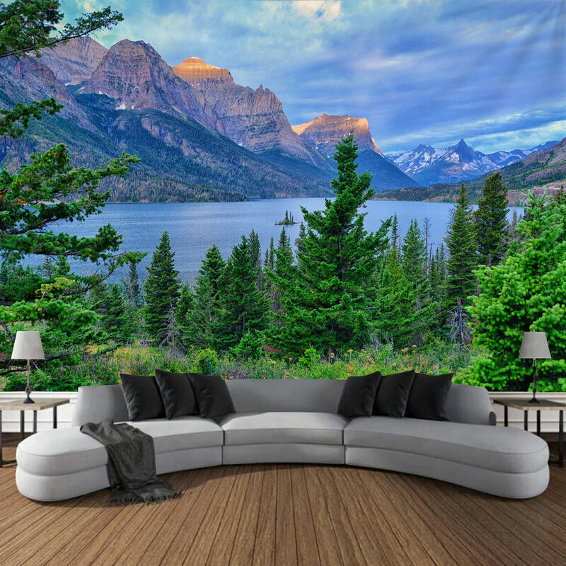 Natural mountains lake coniferous tree landscape tapestry wall hanging bedroom living room home decoration
