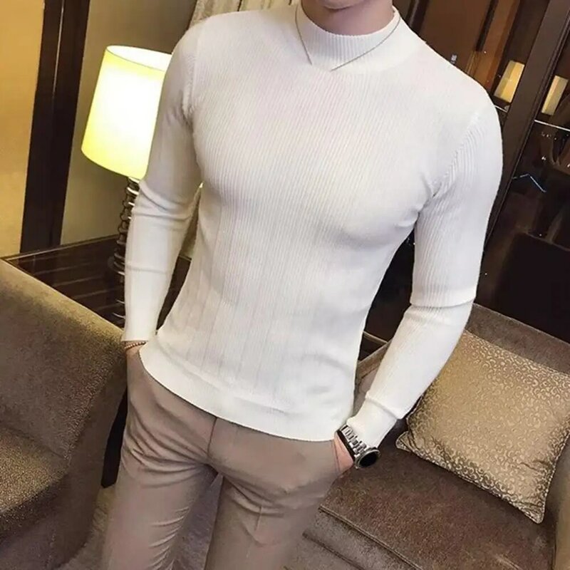 Sweater pria, Sweater Korea kasual bergaris Solid kerah setengah tinggi regang ketat atasan rajut 2024
