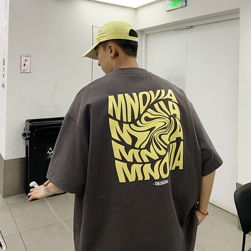 Americano letras torcidas t-shirts dos homens oversize verão solto topos hong kong estilo hip hop roupas versáteis marca manga curta