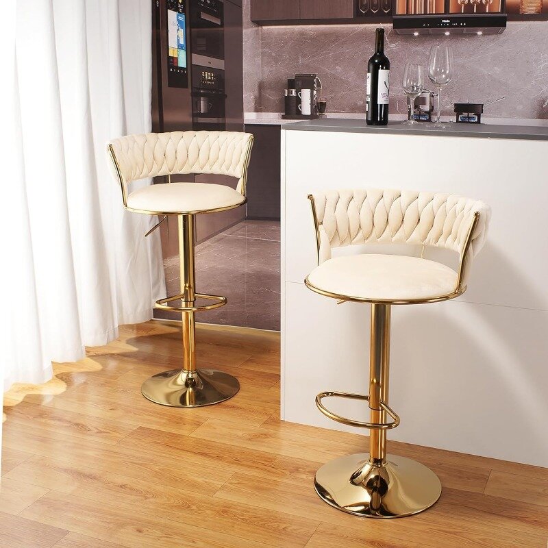 Modern Gold Velvet Bar Stools - Set of 2 Counter Height Woven Barstools with Swivel, Adjustable Height, and Backs. Kitchen