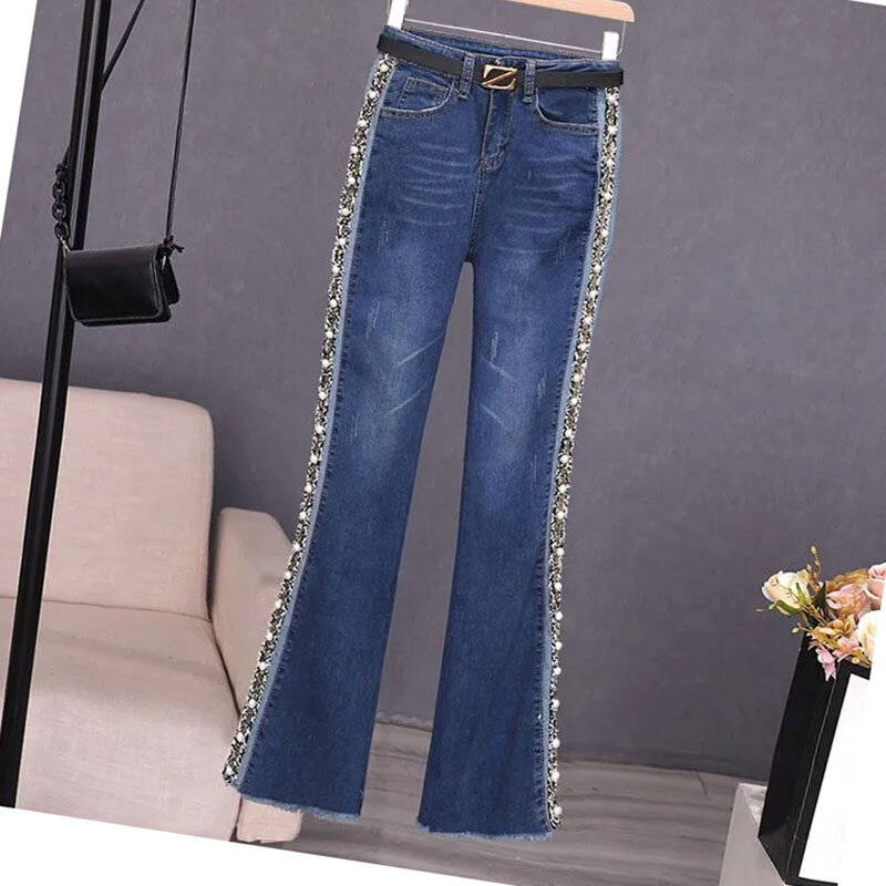 Nail Bead Cowboy Bell-Bottoms Women Autumn New High-Waist Contrast Color Slim And High-Hanging Slim And  Denim Micro-Trousers