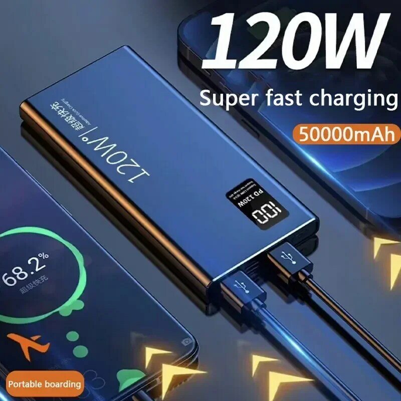 Powerbank daya kapasitas tinggi 120W, pengisian cepat 50000mAh, pengisi daya baterai portabel untuk iPhone Samsung Huawei