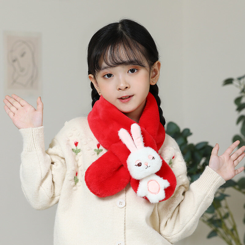 Bufanda cálida de terciopelo rojo para niños y niñas, cuello cruzado, anillo, silenciador, bufandas para niños de 1 a 13 años, lindo Conejo, Otoño e Invierno