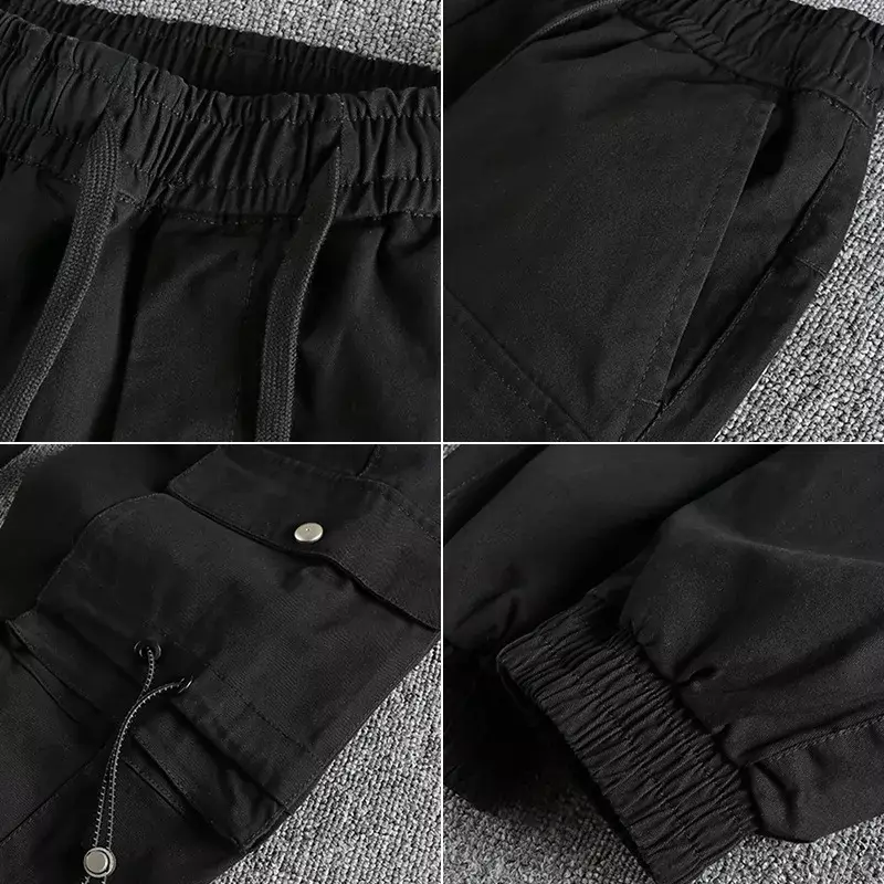 กางเกงคาร์โก้สไตล์ใช้งานได้หลากหลายแบบสำหรับผู้ชายกางเกงลำลองทรงหลวมกางเกงจ๊อกกิ้งผ้ายืด