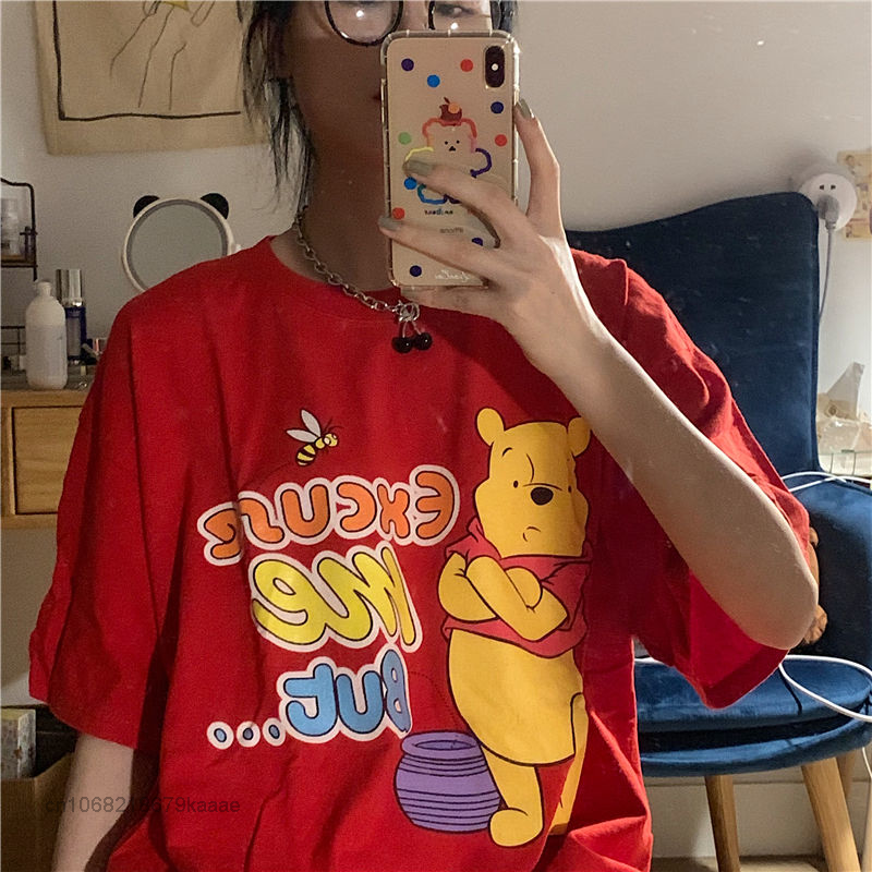 디즈니 만화 푸우 곰 여름 의류 빨간색 짧은 소매 탑스 대형 티셔츠 한국식 패션 티셔츠 T2k 탑