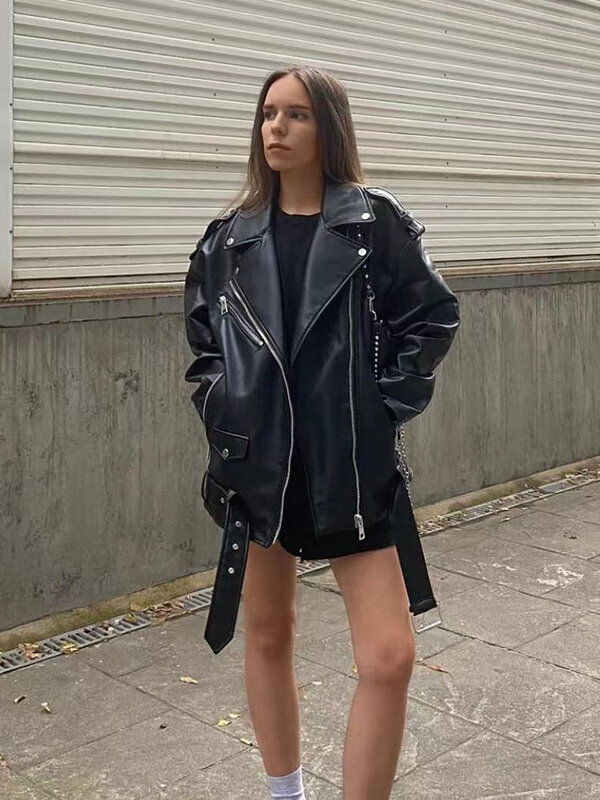 ZACK RAIN Women Biker Style Imitation Leather Oversize Jacket 2022 Fall Winter Ladies Faux Leather Coat Vintage Female Outwear