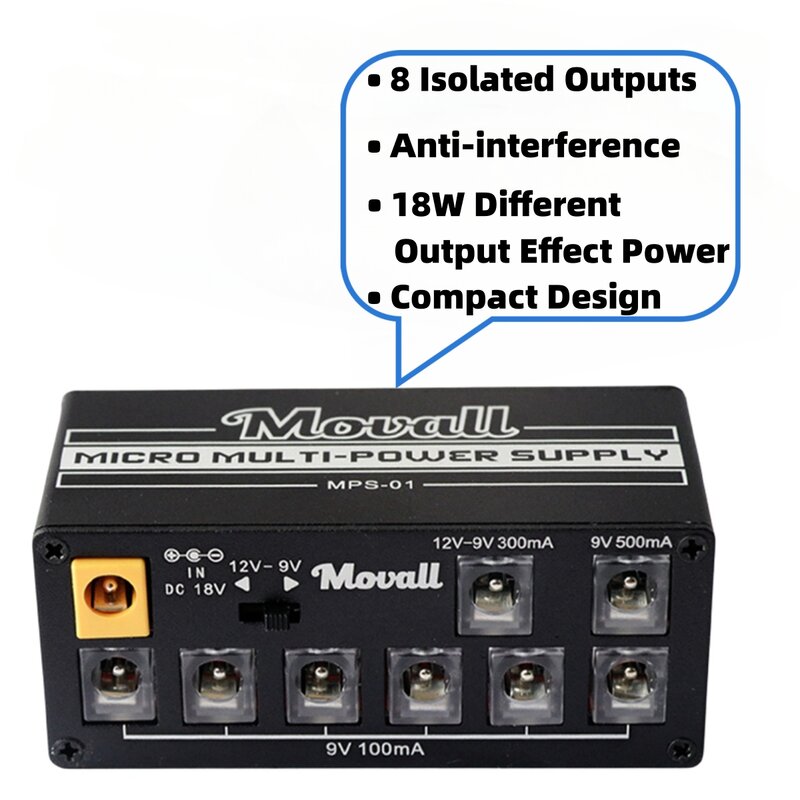 Movall MPS-01 기타 페달 전원 공급 장치, 8 절연 출력, 간섭 방지, 18W 다른 출력 효과 전원 기타 액세서리