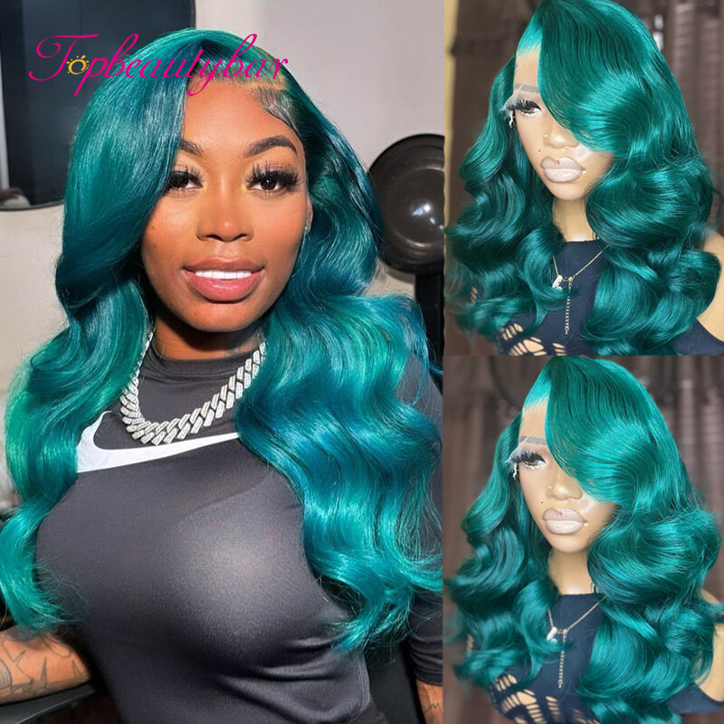 Perruque Lace Frmetals Wig sans colle brésilienne naturelle Remy, cheveux ondulés, couleur bleu vert, 13x6, 13x4, 180% de densité