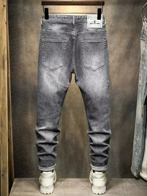 Nowo designerskie męskie jeansy Retro szare elastyczne dopasowane dżinsy Vintage spodnie typu Casual męskie koreańskie spodnie dżinsowe rekreacyjne Hombre