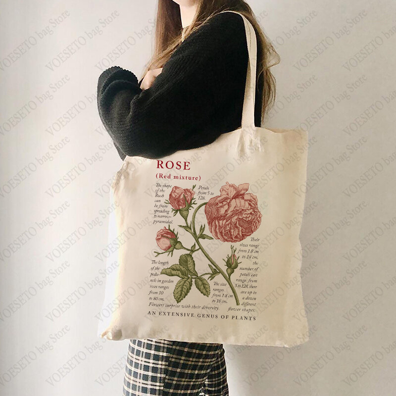 حقيبة حمل من القماش الزهري ، طباعة نباتية لطيفة ، حقائب يد زهور قابلة لإعادة الاستخدام ، حقائب كتف ، هدايا العودة إلى المدرسة ، حقائب تسوق