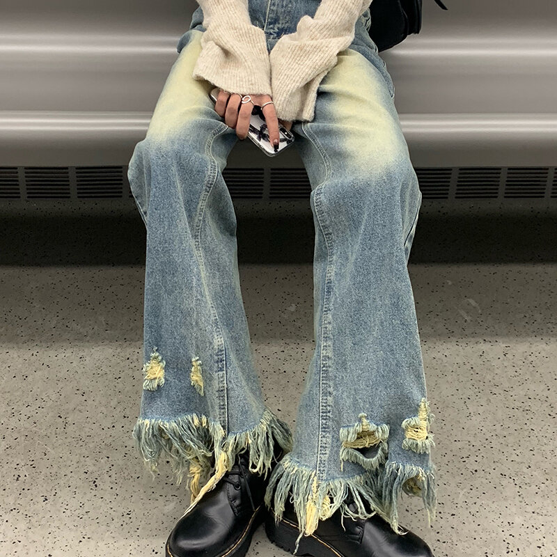 Pantalones vaqueros holgados de hada Grunge para mujer, ropa de calle Vintage, pantalones rasgados, cintura alta recta, Harajuku, Y2K Emo