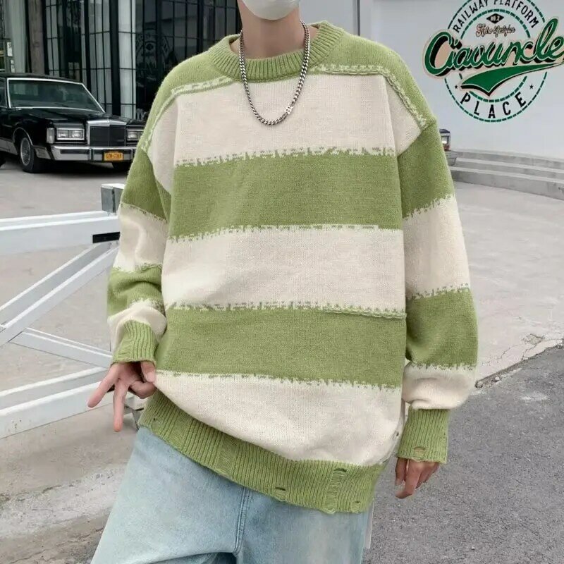 Men Pullovers Round Neck Sweaters Striped Fashion Hong Kong Style Warm All-match Streetwear Students Daily Knitwear Cozy Soft