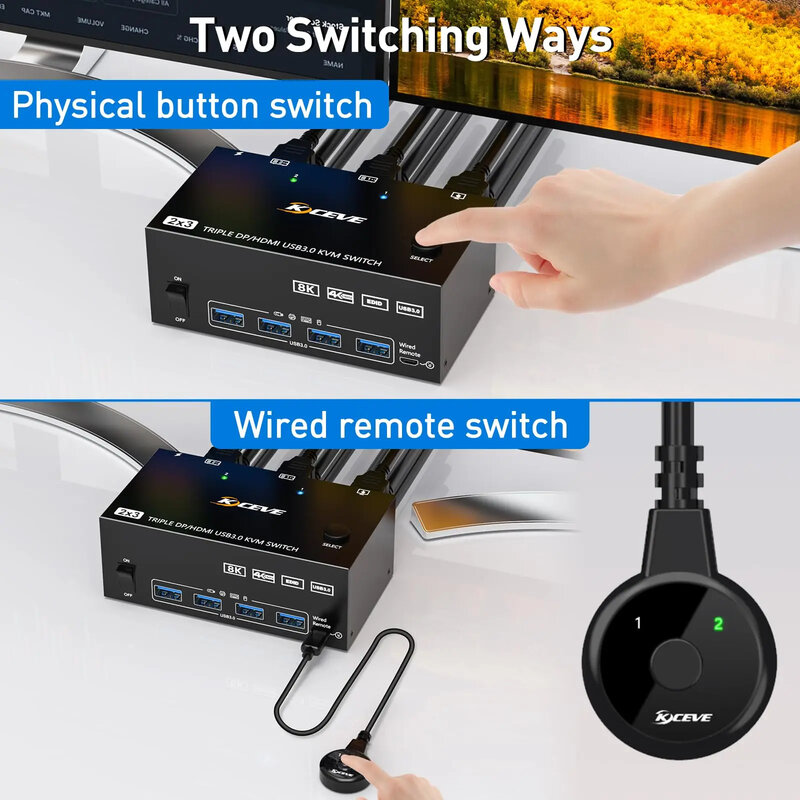 KCEVE-Monitores Triplos Switch KVM, 2 Displayport, HDMI, USB 3.0, Switch KVM, 8K @ 60Hz, 4K @ 144Hz, 2 Computadores