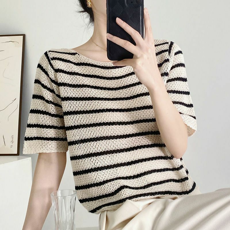 Simplicity Summer Round Neck Women's Striped Ice Silk Fabric Hollow Out Knitted Fashion Office Lady Short Sleeve Loose Top