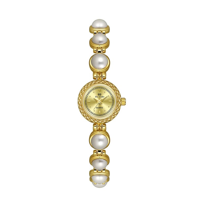 BS jam tangan Stainless Steel wanita, arloji Dress Quartz tahan air warna emas
