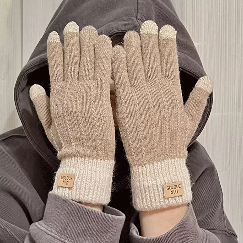 Sarung tangan rajut wanita, sarung tangan mode tahan angin hangat tebal untuk berkendara ski luar ruangan musim gugur musim dingin lembut