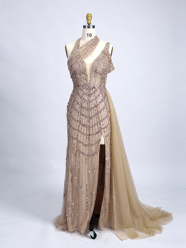 Eleganckie suknie wieczorowe damskie wysoki Split luksusowe długi z koralikami arabskie suknie wizytowe selektywne boczna dokładka na bal weselny