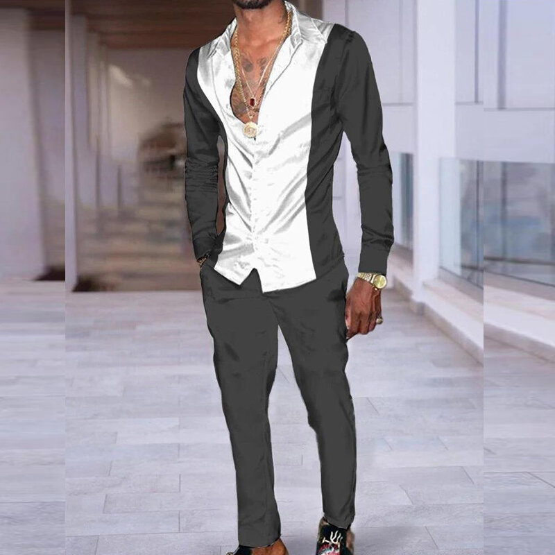 Conjunto solto masculino de gradiente de duas peças, roupas casuais, manga comprida, camisas abotoadas com lapela, roupas de calças, moda streetwear
