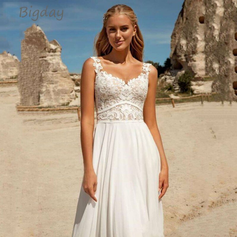 Bohemian Sweetheart Wedding Dresses Women White Lace Open Back Chiffon Bridal Gowns Applique Spaghetti Straps Vestidos De Novia