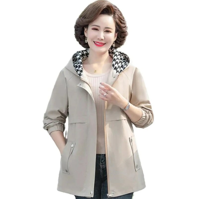Fashion Mom Spring And Autumn Coat Western-style Middle-aged Women's Large Size Hooded Temperament Casual Trench Coat Tide 5XL