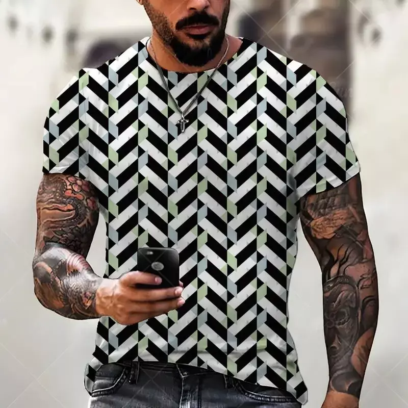 T-shirt à manches courtes pour hommes, motif de ligne imprimé en 3D, haut rétro amusant et créatif, été