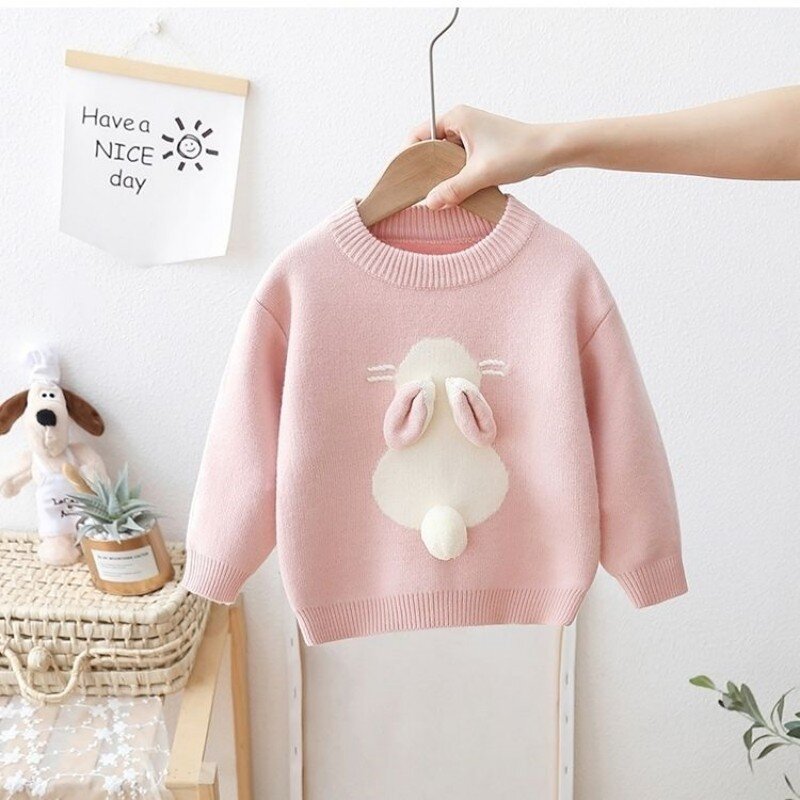 Camisola de coelho de pelúcia para meninas, suéter infantil mais recente, malha de bebê, moda, inverno e outono