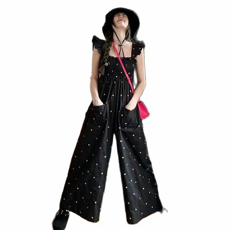 Ruffles Jumpsuit Colorful Hearts Embroidery Women Flying Sleeves Sweet Elastic Chest Wide Legs Overalls Contrast Pants