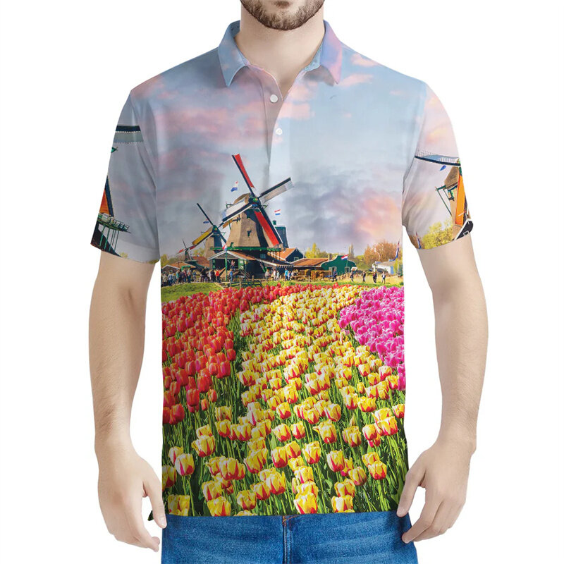 Blume Tulpe Muster Polo-Shirts Männer 3D-Druck Blumen kurze Ärmel lässig Straße Knopf Polo-Shirt Frauen übergroße Revers T-Shirts